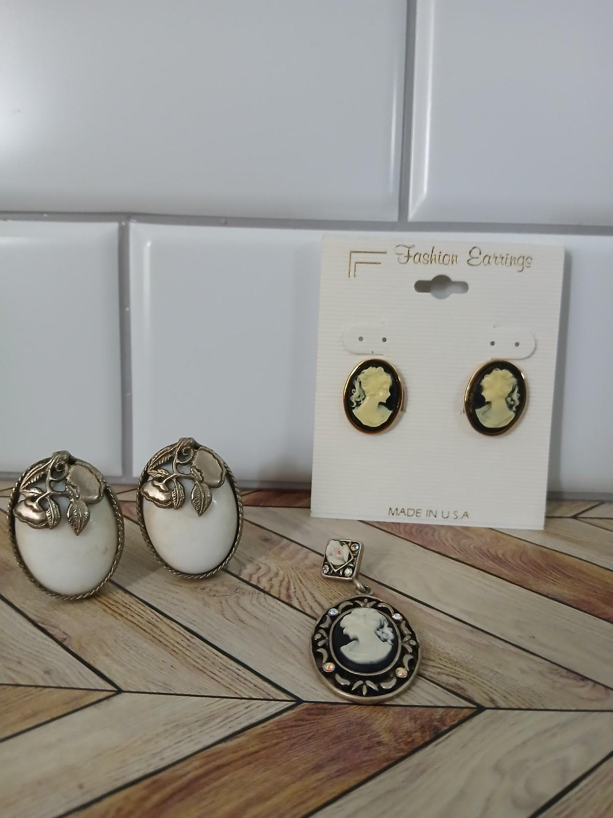 Vintage Clip-On Earrings (2 pair) & Cameo Pendant w/ Aurora Borealis Crystals