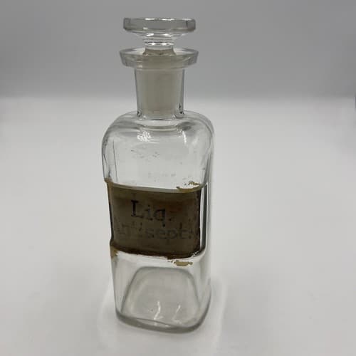 Antique Apothecary Liq Antisept Glass Medicine Bottle w/stopper 1880s