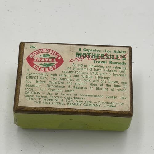 Vintage MOTHERSILL'S Seasick Remedy for adults Medicine box 1930's