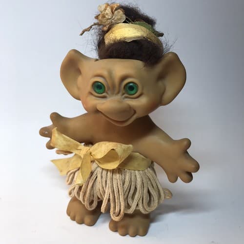 Rare 1960's Vintage 5.5” Swivel Head Troll Eegee Brown Mohair Hair Green Eyes