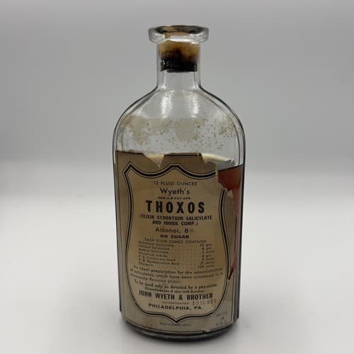 Rare Antique Wyeth Thoxos Elixir Bottle Medicine Bottle with cork, 1914
