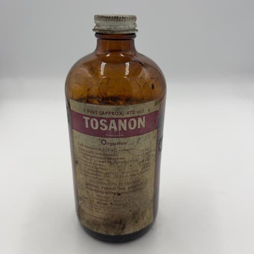 Vintage Organon TOSANON Amber Glass Bottle 6 3/4" 1 pint empty