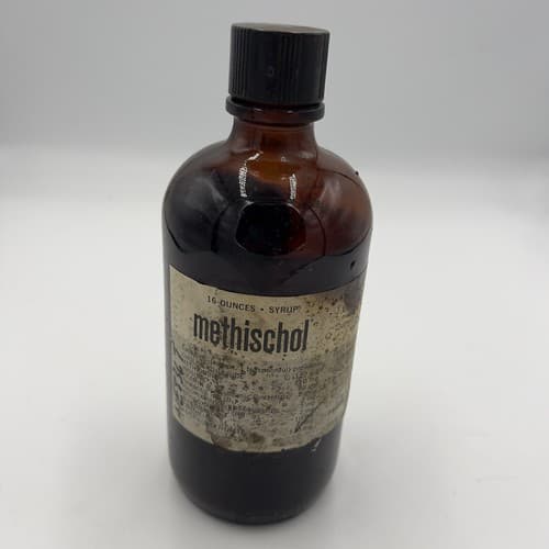 Vintage Methischol Duraglas Amber Glass Bottle 7 1/4" 1945 16oz Empty