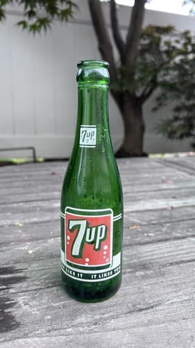 Vtg 7oz Old 7 Up Soda Bottle, 1950s, You Like It It Likes You, Fresh Up, Pop