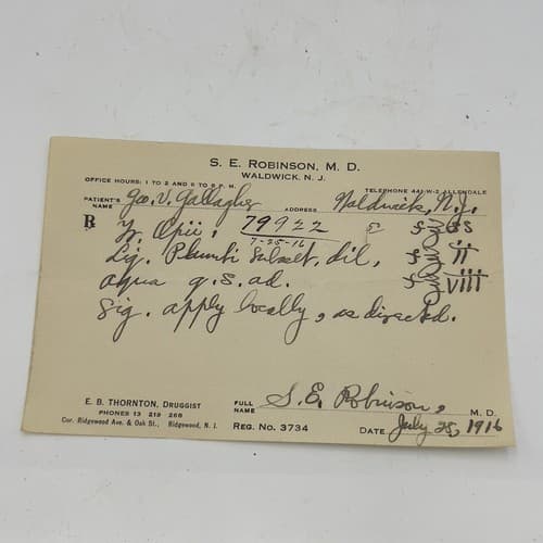 S. E. Robinson Ridgewood, NJ Handwritten Opii (Opium) Prescription 1916, 79922