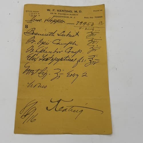 W.F. KEATING Ridgewood, New Jersey Handwritten Opii (Opium) Prescription 1916
