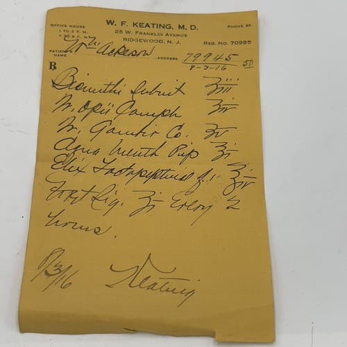 W.F. KEATING Ridgewood, NJ Handwritten Opii (Opium) Prescription 1916, 79945