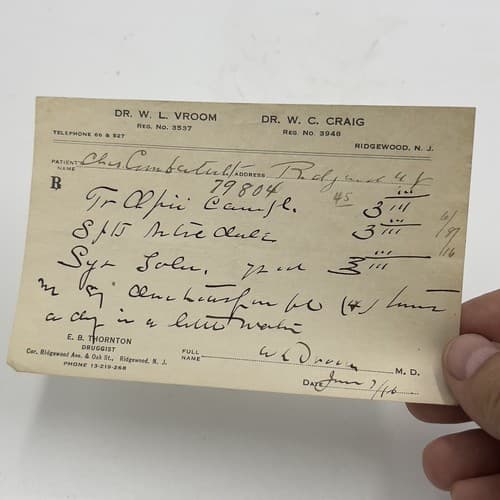 W. L. Vroom Ridgewood, NJ Handwritten Opii (Opium) Prescription 1916, 79804