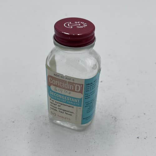 Vintage Schering Coricidin D Glass Medicine Bottle Empty