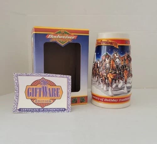 20TH ANNIVERSARY EDITION 1999 BUDWEISER HOLIDAY STEIN "A CENTURY OF TRADITION"