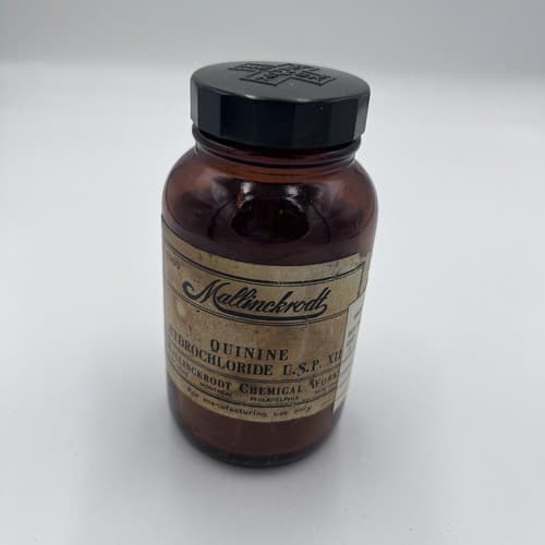 Vintage Merck Quinine Label Brown Pharmacy Bottle 4.75" Empty