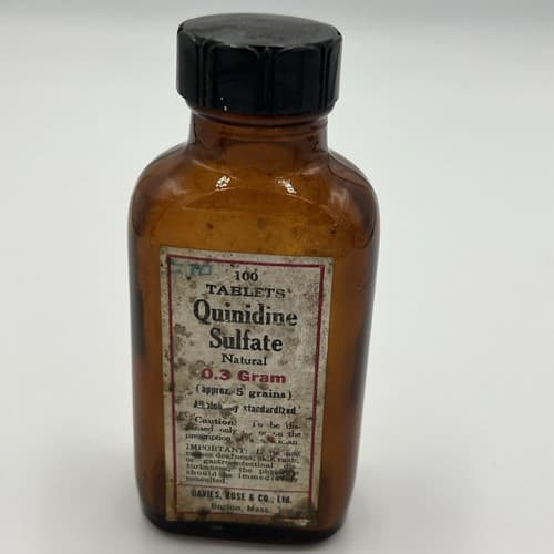 antique Quinidine Sulfate Amber •LABELED MEDICINE BOTTLE• Davies, Rose EMPTY