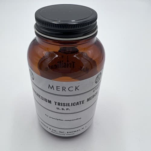4.75'' Vintage Merck Magnesium Trisilicat EMPTY Amber Apothecary Pharmacy Bottle