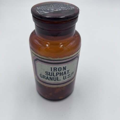 Vintage Amber Dispensary Bottle Iron Sulfate w/glass Stopper 5" Empty