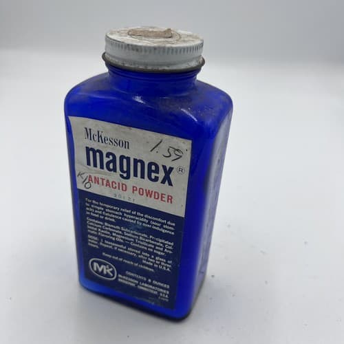 c1940s Cobalt Blue Bottle McKesson's Magnex Antacid Powder McKesson & Robbins