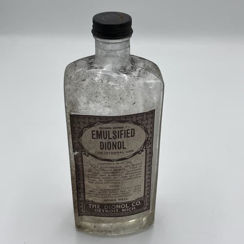 Antique 1920's Medicine Glass Bottle With Label Emulsified DIONOL, EMPTY