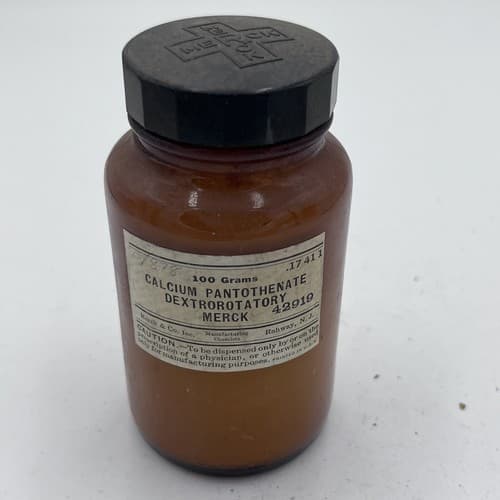 Vintage Merck Calcium Pantothenate Amber Pharmacy Bottle 4.75"