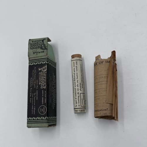 Dr. Pierce’s Pleasant Purgative Pellet, Antique Medicine Bottle, Box, and Insert