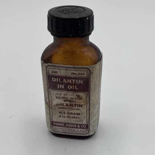 Vintage Medicine Bottle, DILANTIN ( DIPHENYLHYDANTOIN) Parke Davis 224 EMPTY 4"