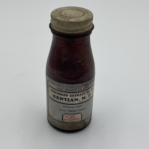 Vintage Gentian Powder Extract Bottle Apothecary Medicine-Eli Lilly EMPTY