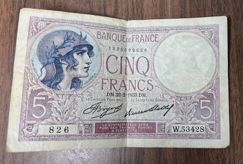 France , Occupation Currency 1933,Cinq Francs