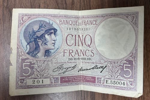 France , Occupation Currency 1933,Cinq Francs