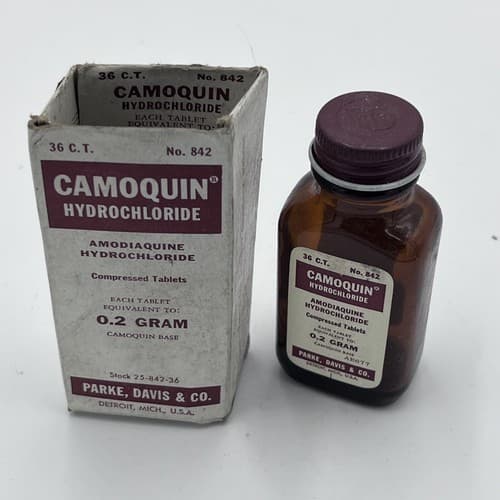 RARE Camoquin Parke Davis Malarial Amber Glass Medicine Bottle EMPTY