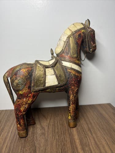 Antique Hand Carved Wooden Horse Hammered Brass Inlay 8” Tall