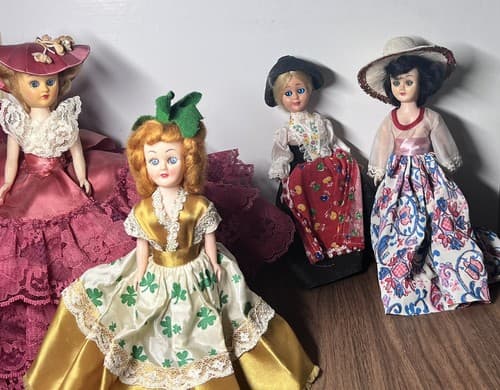 Vintage Lot of Celluloid 8" dolls traditional costumes , sleepy eyes,mohair hair