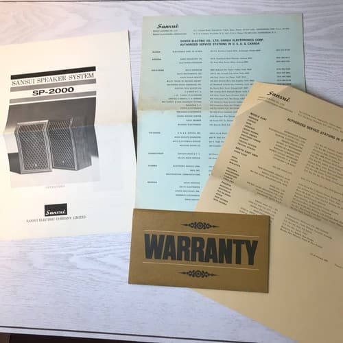 Sansui SP-2000 Speaker Operating Manual Hi Fi Component Brochure w/warranty card