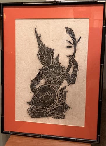 Vintage Framed Original Thai Temple Rubbing of Musician on Rice Paper