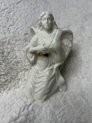 Lenox Angel Kneeling Porcelain Figurine Holding Lyre Harp With Gold Belts