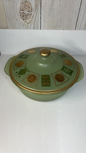 Rare Fire King MCM 2qt glazed covered casserole by Cera avocado gold 1950's-60's