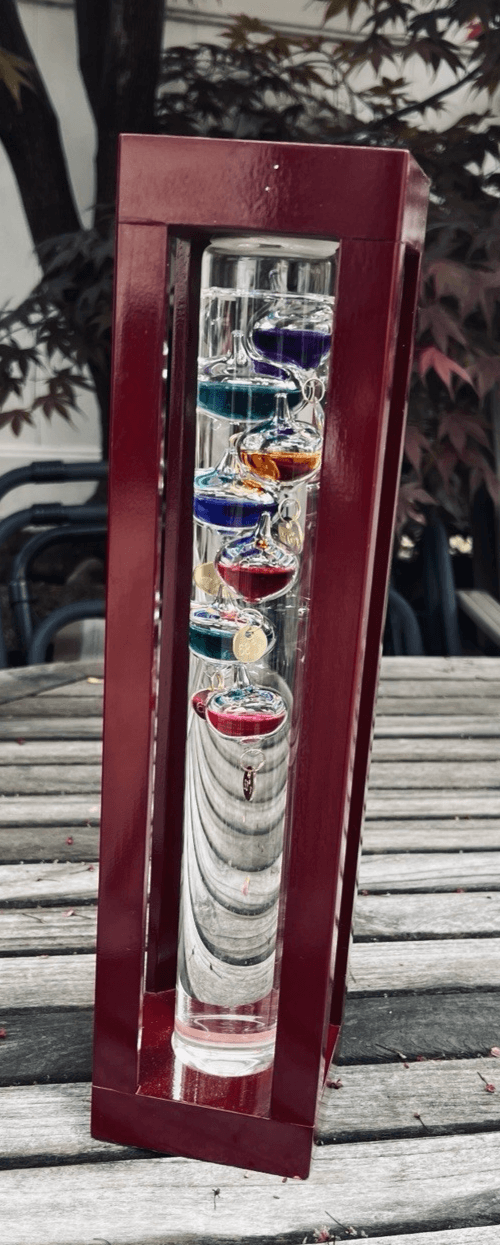 Galileo Glass Thermometer In Wood Frame 7 Colored Glass Spheres 14.5” Tall