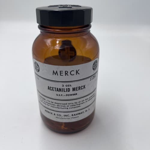 4.75" Merck Acetanilid Antique Amber Apothecary Pharmacy Dispensary Bottle
