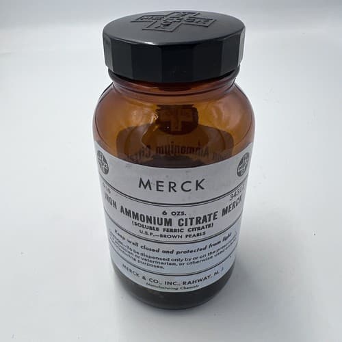 4.75" Merck Iron Ammonium Citrate Antique Amber Apothecary Pharmacy Bottle