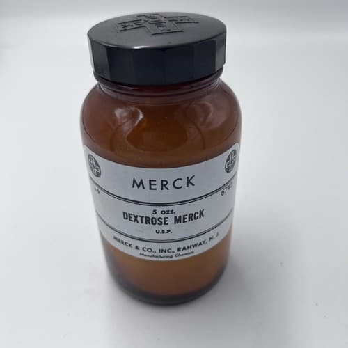 4.75" Merck Dextrose Antique Amber Apothecary Pharmacy Bottle