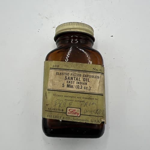 Vintage Lilly Santal Oil Bottle 3.5" Pharmacy Medicinal EMPTY