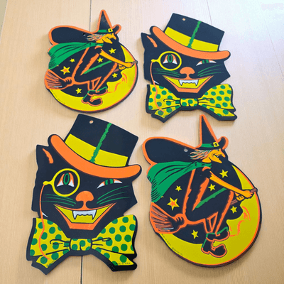 Vintage Beistle Halloween Die Cut Black Cat Witch Moon Wall Decor USA Lot of 4