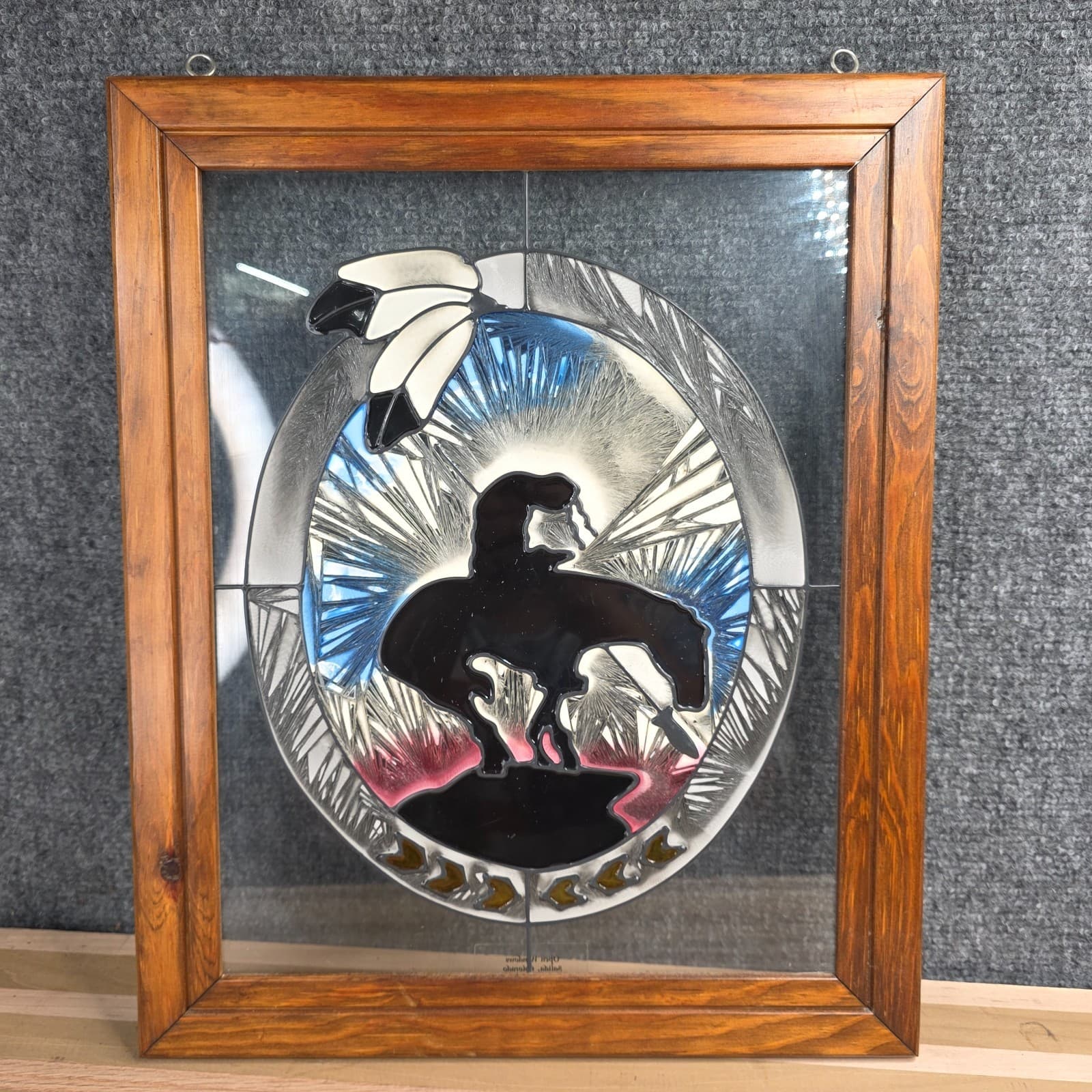 Vtg Glass Window Horse Riding Painting Wall Hanging Suncatcher Southwest Decor