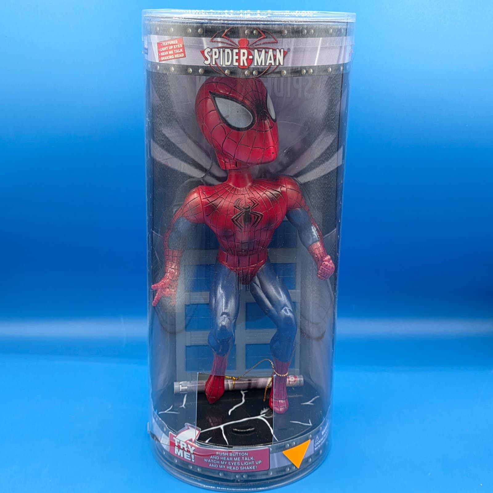 2002 Spiderman Marvel Way Out Toys Talking Light Up Eyes Bobble Head Rare