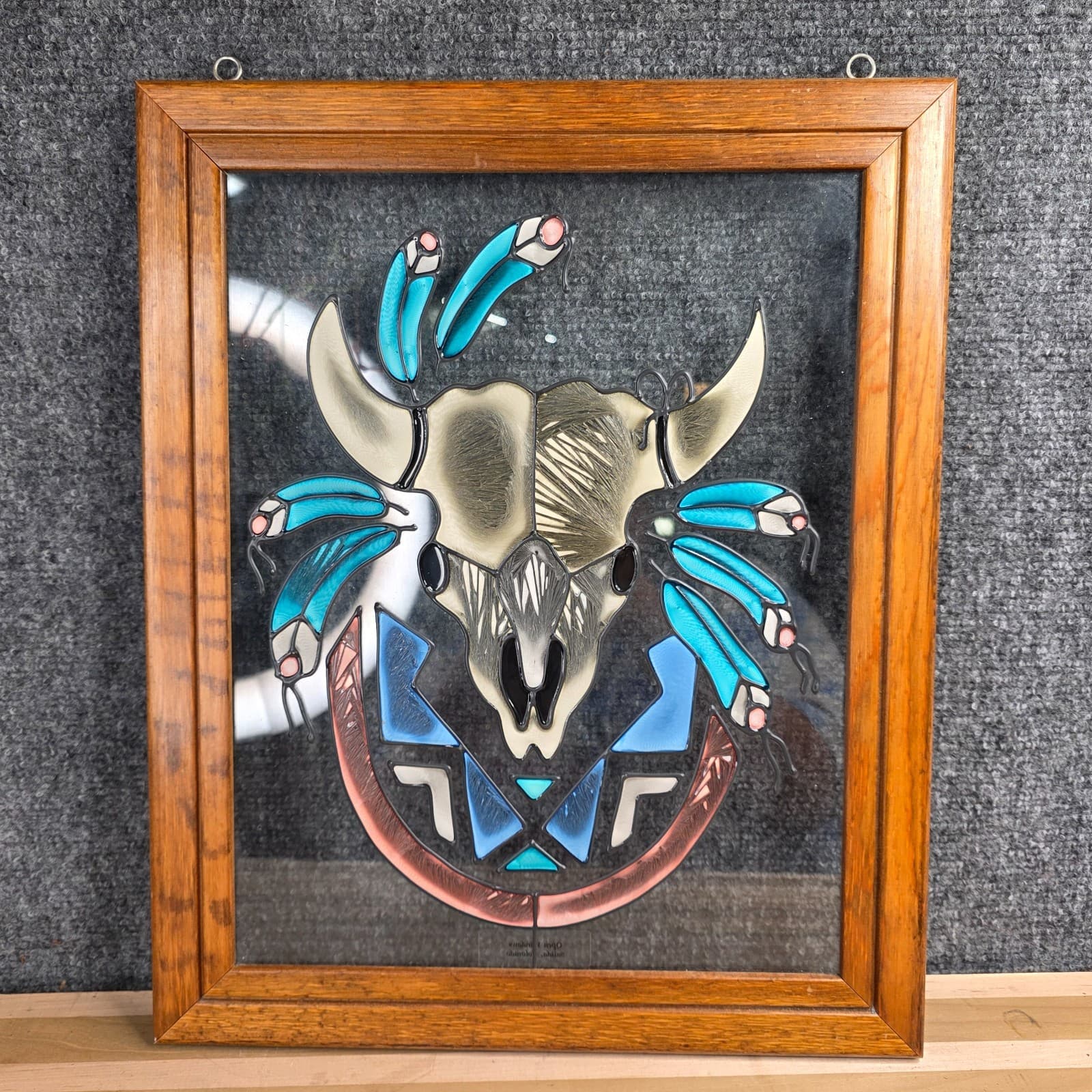 Vtg Glass Window Bull Skull Painting Wall Hanging Art Suncatcher Southwest Decor