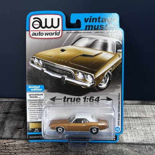 AUTO WORLD 1:64 1974 DODGE CHALLENGER RALLYE (GOLDEN HAZE) MODEL AWSP117A-5E