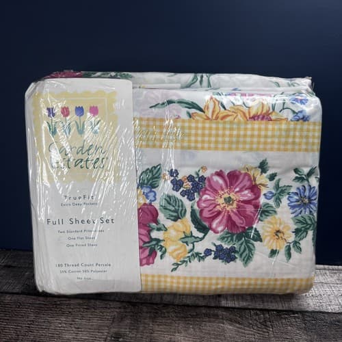VTG 1995 Garden Estates Full Size Sheet Set Floral White Yellow Chelsea Style