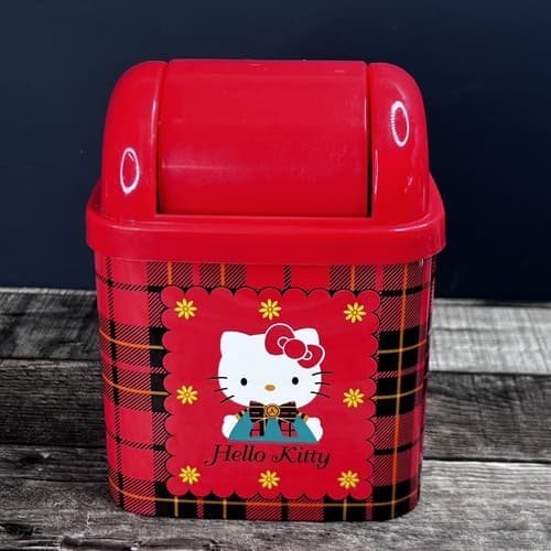 Vintage 1996 Sanrio Hello Kitty Red Plaid Mini Desk Tin Trash Bin Made in Japan