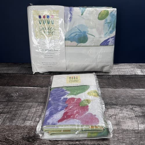 VTG Garden Estates Full Sheet Set & Pillow Case Floral White Colorful Anna Style