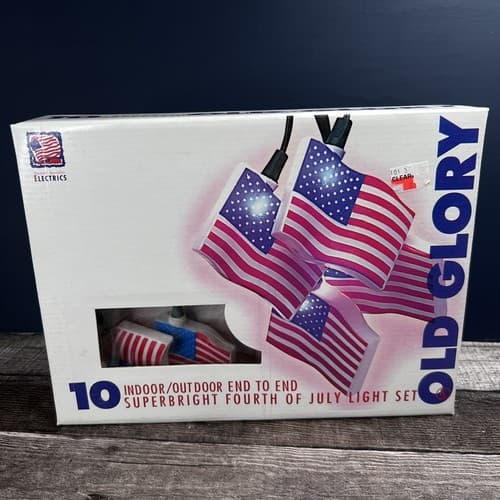 VTG Blow Mold 10 Patriotic American Flags String Lights Stars & Stripes July 4th
