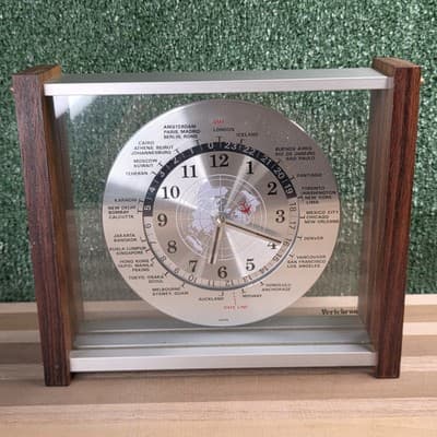 VTG MCM Verichron Quartz GMT World Mantel Desk Clock Red Airplane Second WORKS
