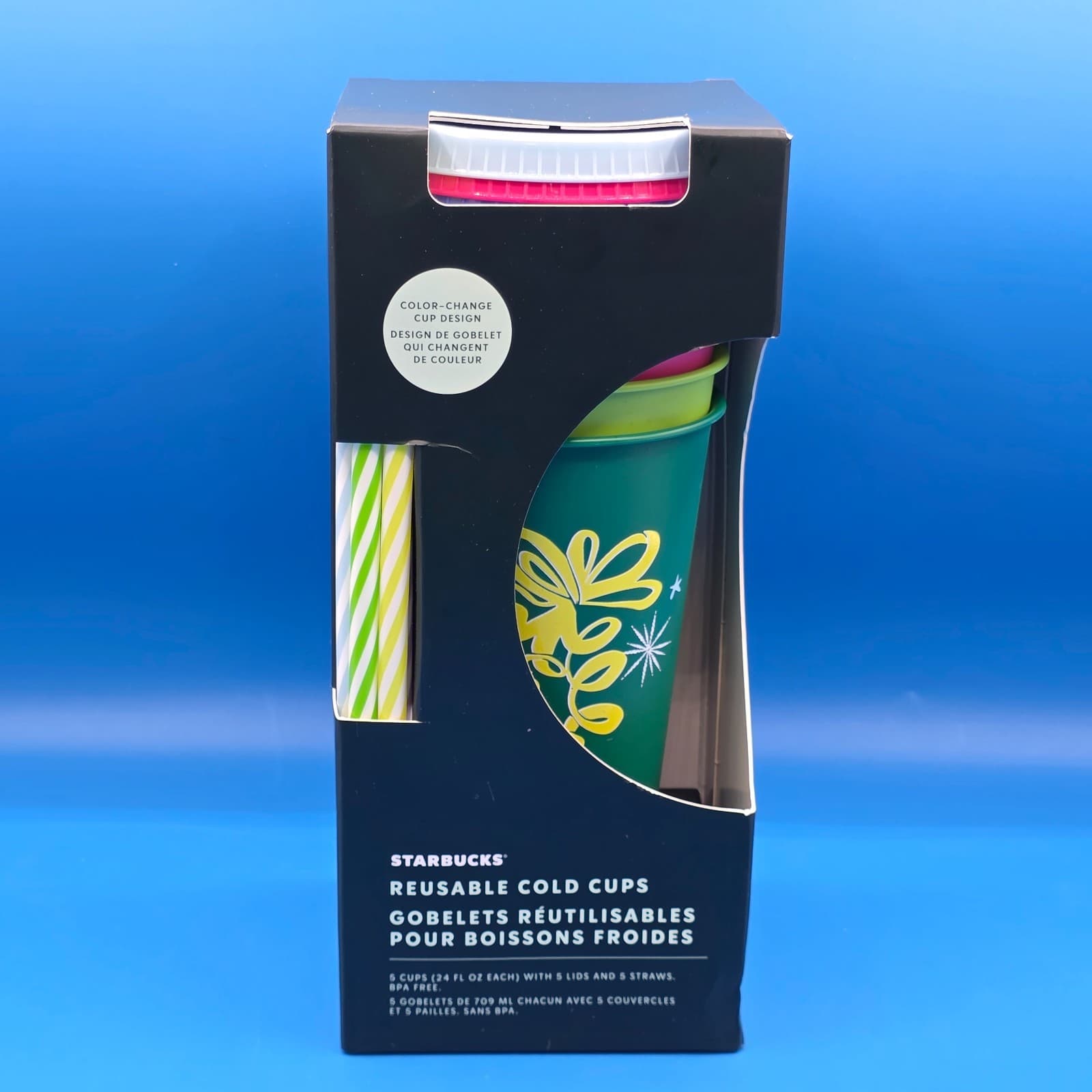 New STARBUCKS 2023 Cold Cups Holiday Color Change Set/5 Lid Straw Reusable 24 Oz