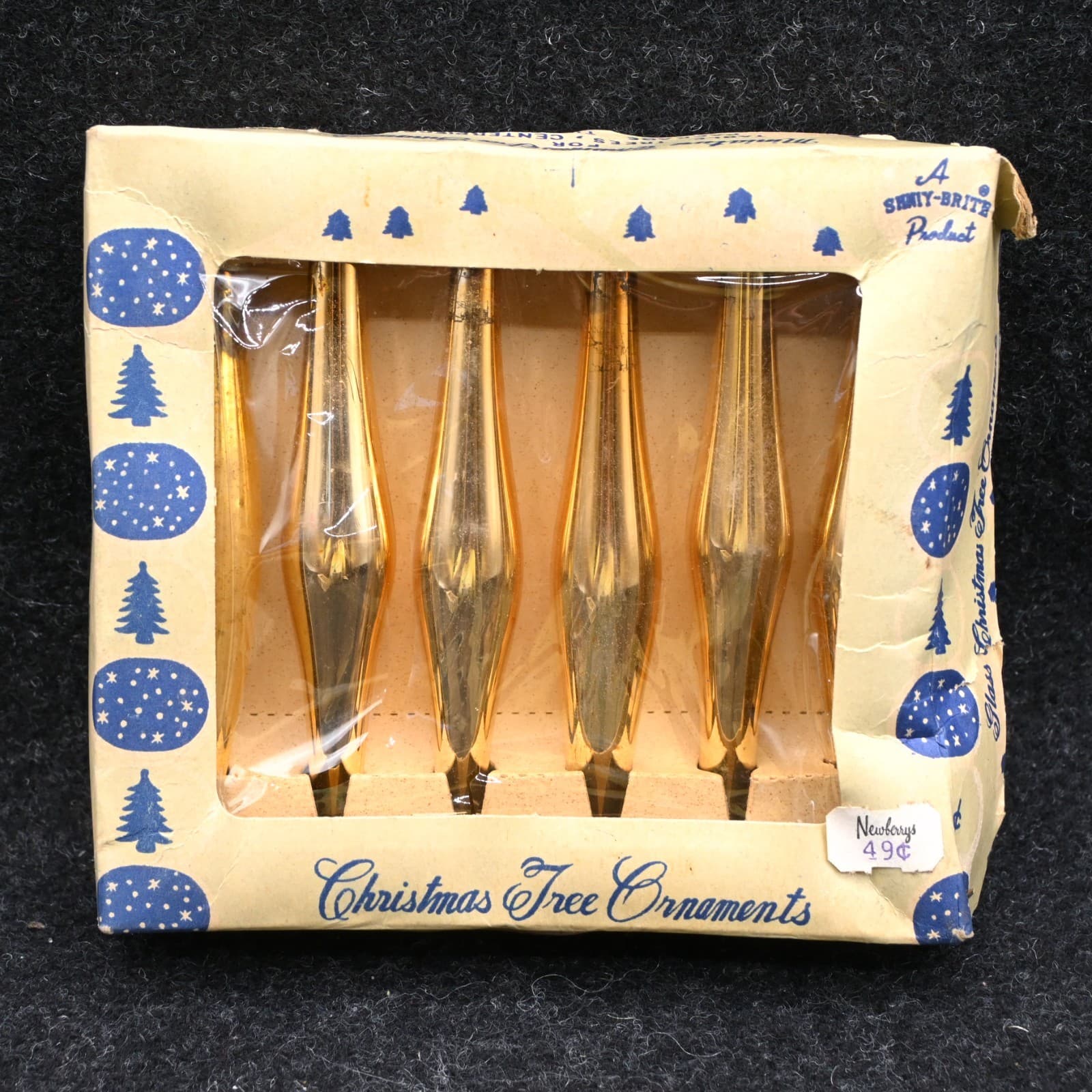 Vintage Mini Teardrop Shiny Brite Gold Glass Ornaments Christmas Original Box